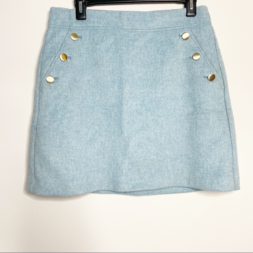 EUC Loft Miniskirt with gold button accents, Size 8, Powder blue